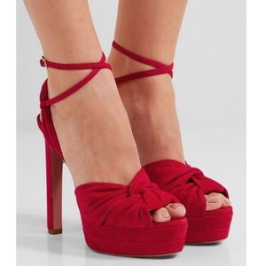 $895 Aquazurra Movie Star red suede platform high heels ankle strap 38 7.5 8